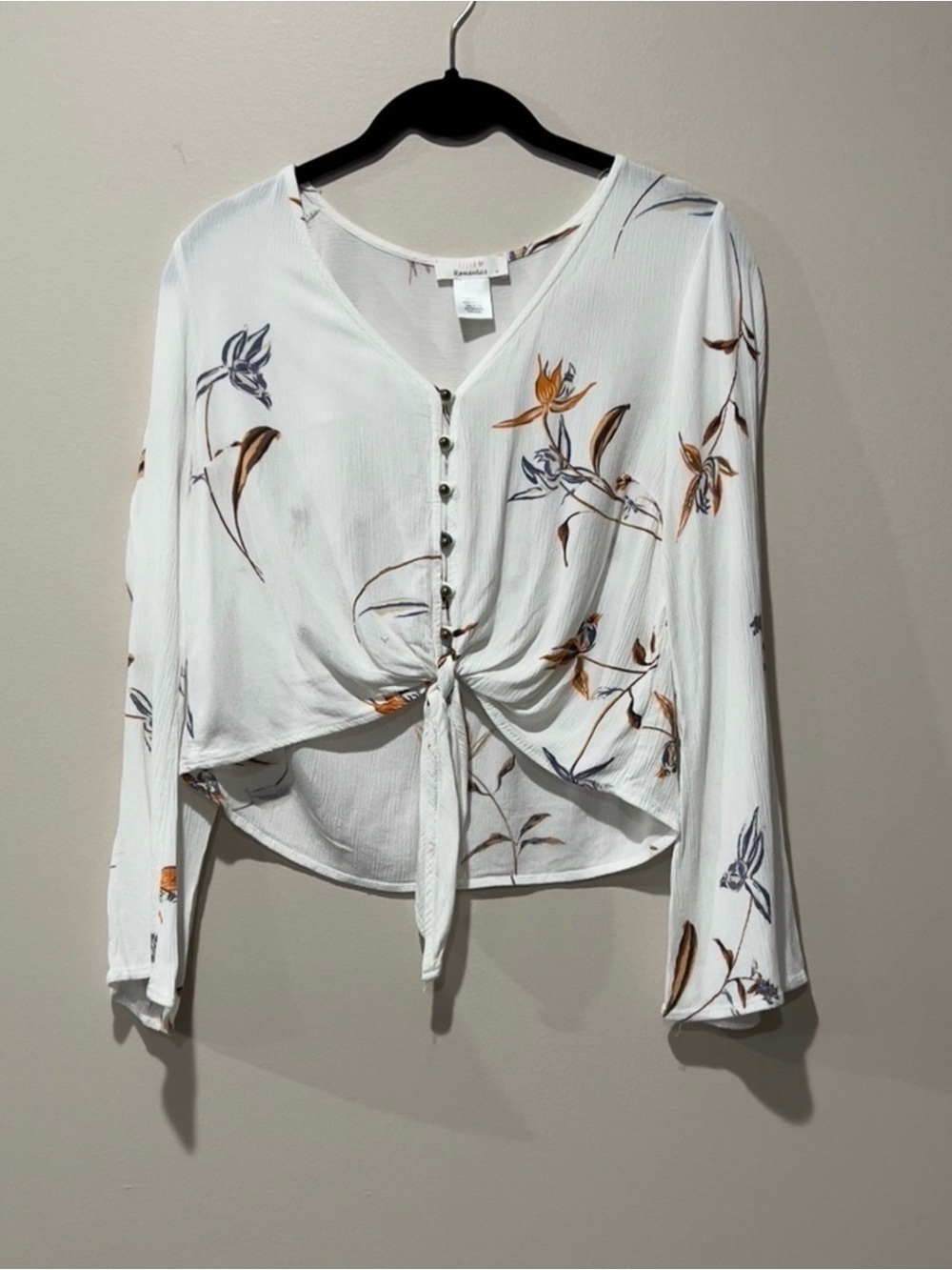 Urban Romantics Womens Blouse Long Bell Sleeves Tie Front